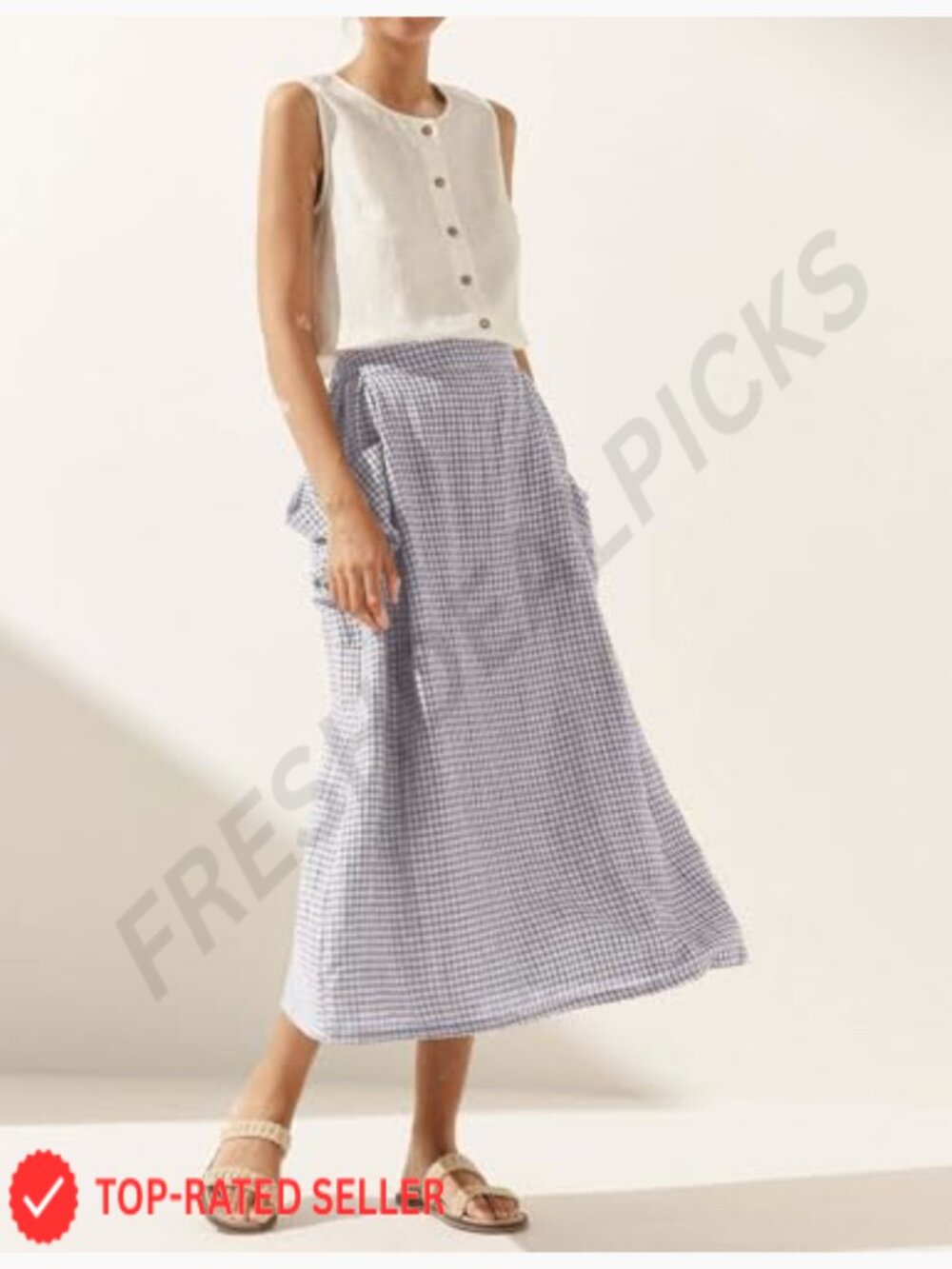 Plaid Midi Skirt Elastic Waist with Pockets Flowy Vintage A-Line - Picture 5 of 6